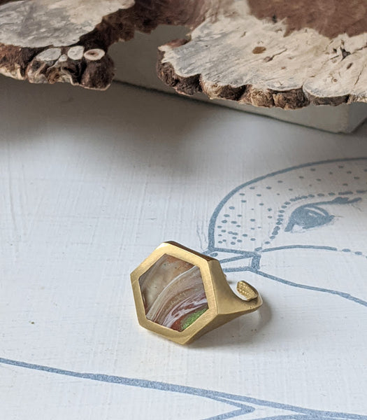 River stone Hexagon Brass and Eco-resin Ring