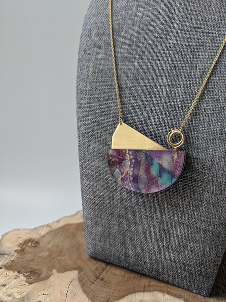 Plum Hand Painted Wood and Resin Necklace - Abstract Hand Painted Layers