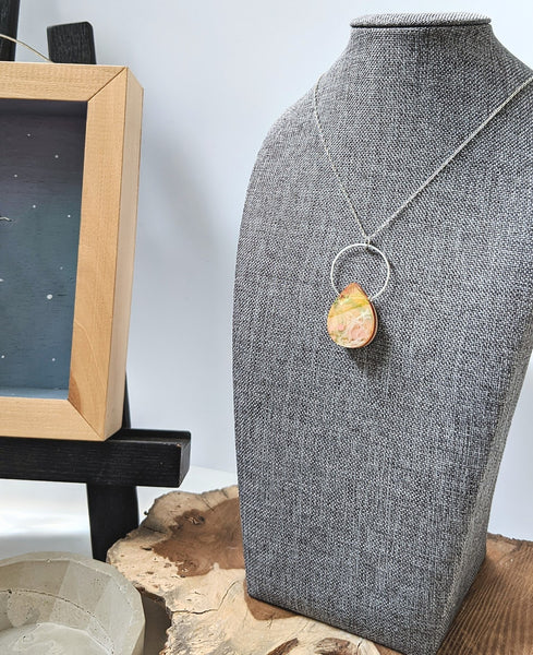 Pink And Golden Teardrop Wood and Resin Necklace - Abstract Hand Painted Layers