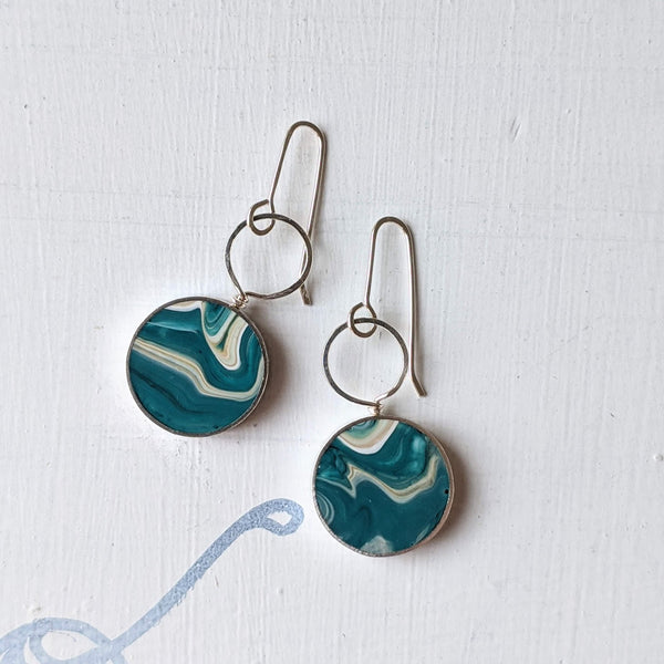 Blue and White Sterling Silver Circle Loop Earrings
