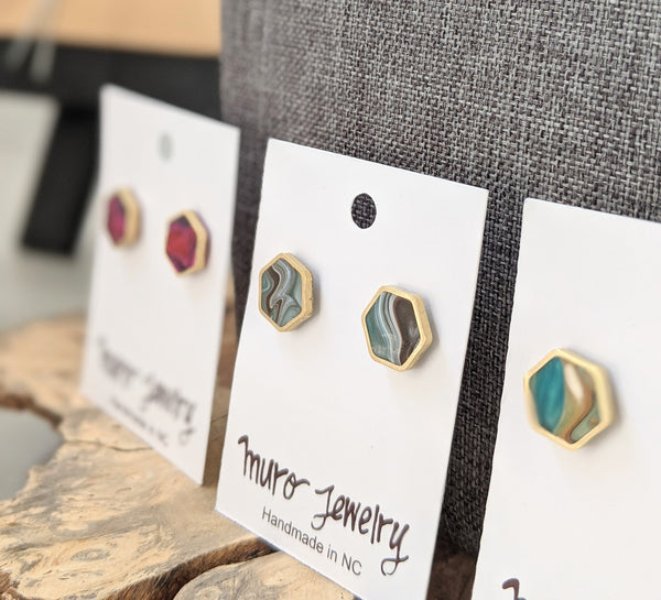 Marbled Hexagon Brass and Resin Post Earrings