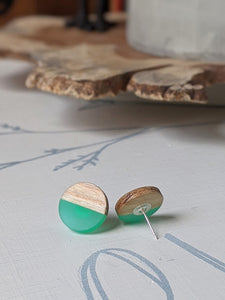 Green Circle Wood and Resin Earrings