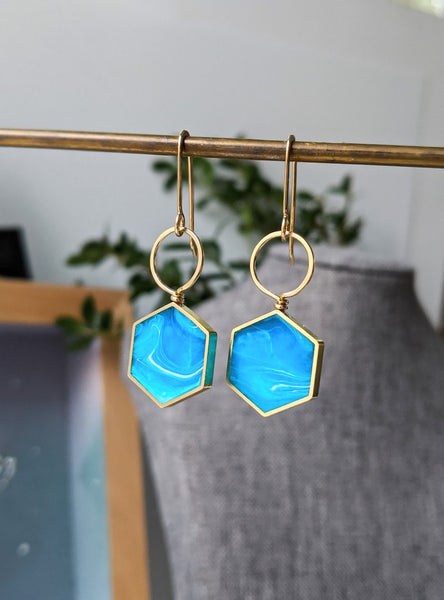 Blue Sea Resin and Brass Hexagon Loop Earrings